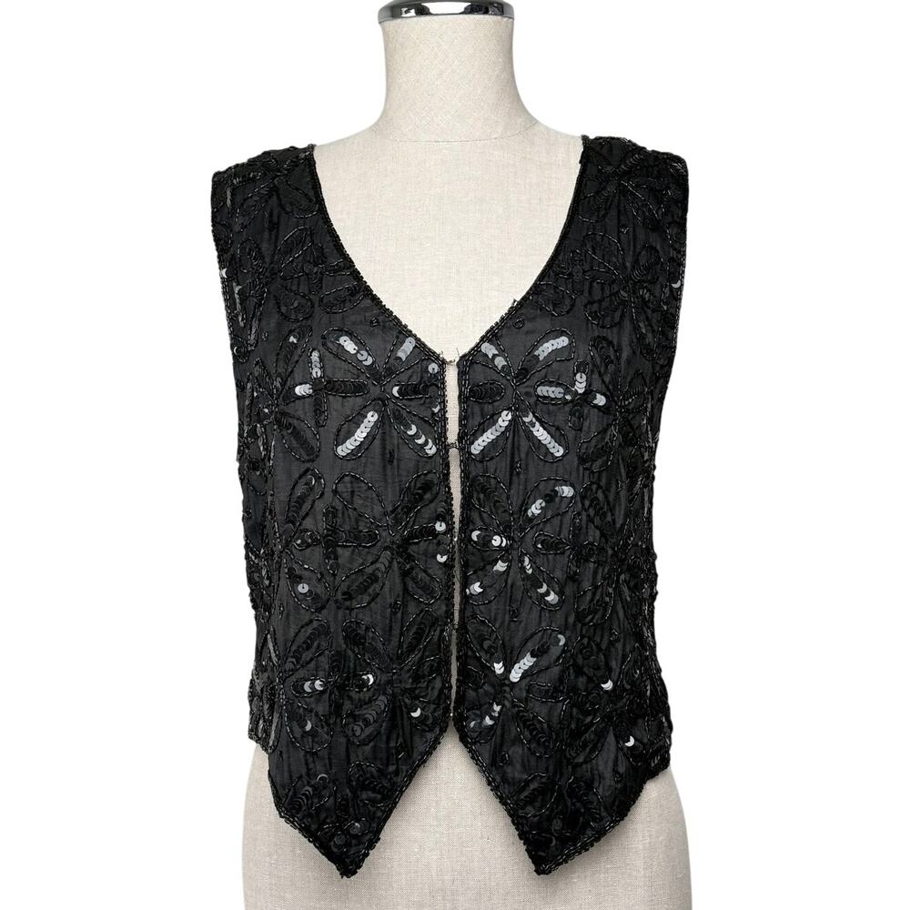 Vintage Sequin Beaded Black Sleeveless Vest Top 80's 90s Y2K Glam